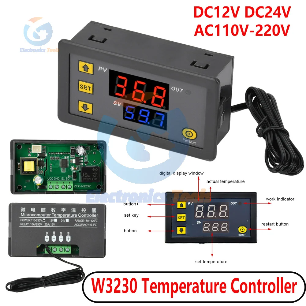 W3230 Relay Output Digital Temperature Controller 12V 24V 220V Thermostat Regulator Heating Cooling Control Thermoregulator