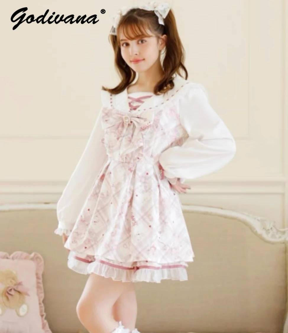 

Japanese Liz Mine Lolita Dress Set Spring and Autumn New Cute Bow Bear Perfume Printed Dress and Shorts Two-piece Sets Outfits