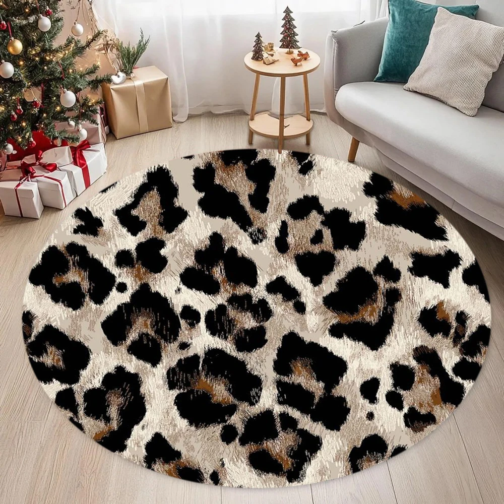 Leopard Tiger Print Circular Carpet Animal Pattern Printed Carpet Anti Slip Entrance Door Mat Living Room Bedroom Decoration Rug
