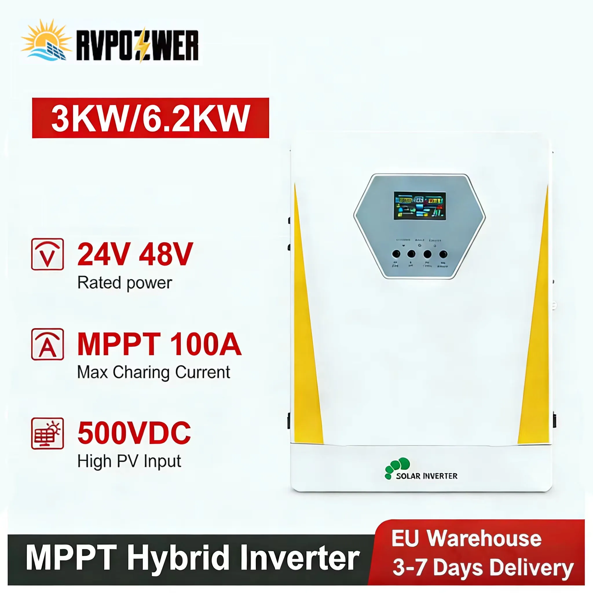 Inverter Ibrido RVPOZWER 6.2KW 3KW da 24V a 230V Onda Sinusoidale Pura con Display Digitale LCD per Camper, Roulotte e Elettrodomestici