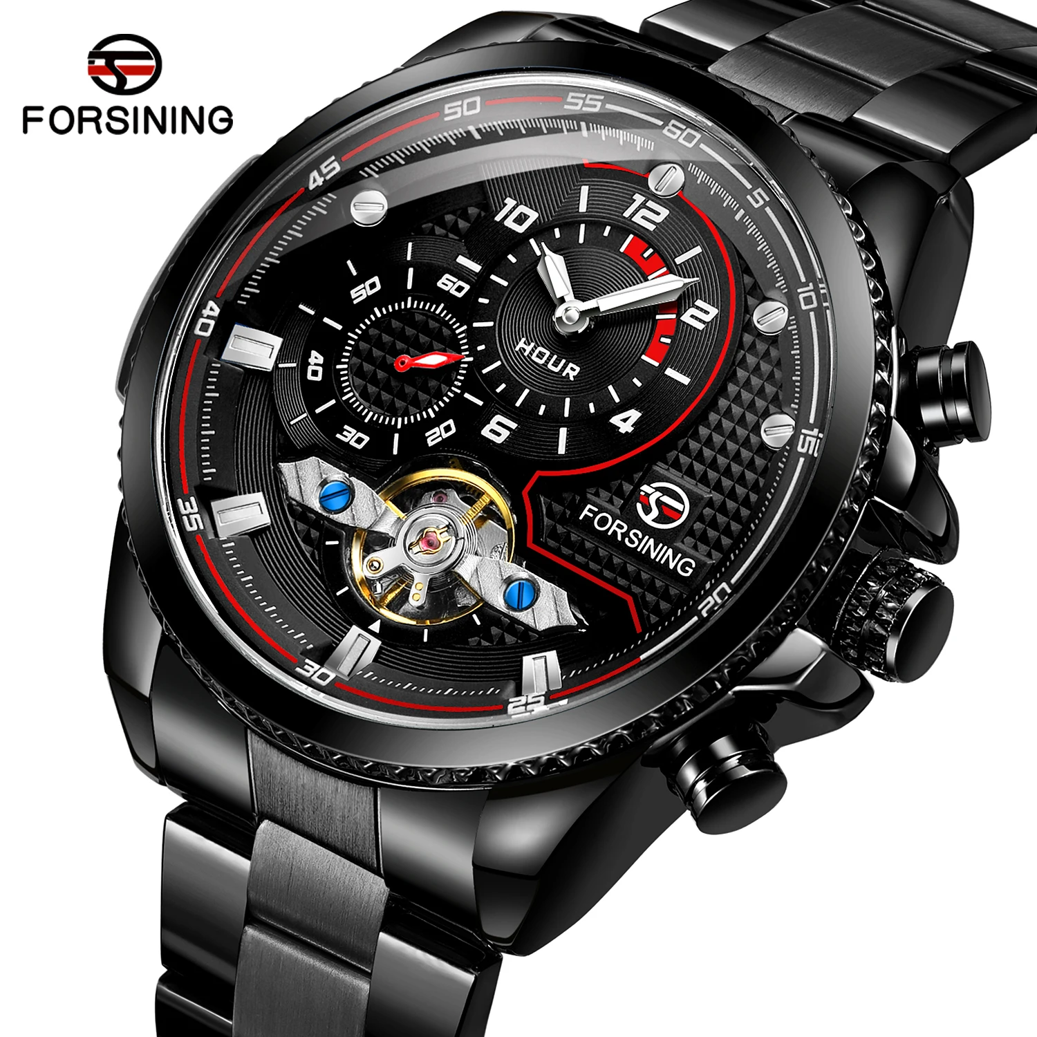 

Forsining Full Black Tourbillon Sport Mechanical Watches Male Date Stainless Steel Band Automatic Wristwatch Top Direct Selling