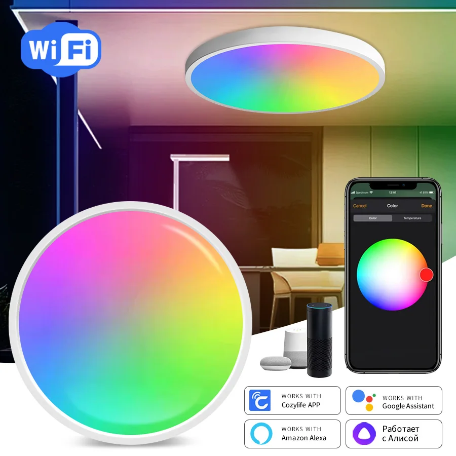 

Умный потолочный светодиодный RGB светильник с Wi-Fi, лампа на потолок для спальни, гостиной, с голосовым управлением через приложение Cozylife и Alexa Google Home Alice, 24 Вт