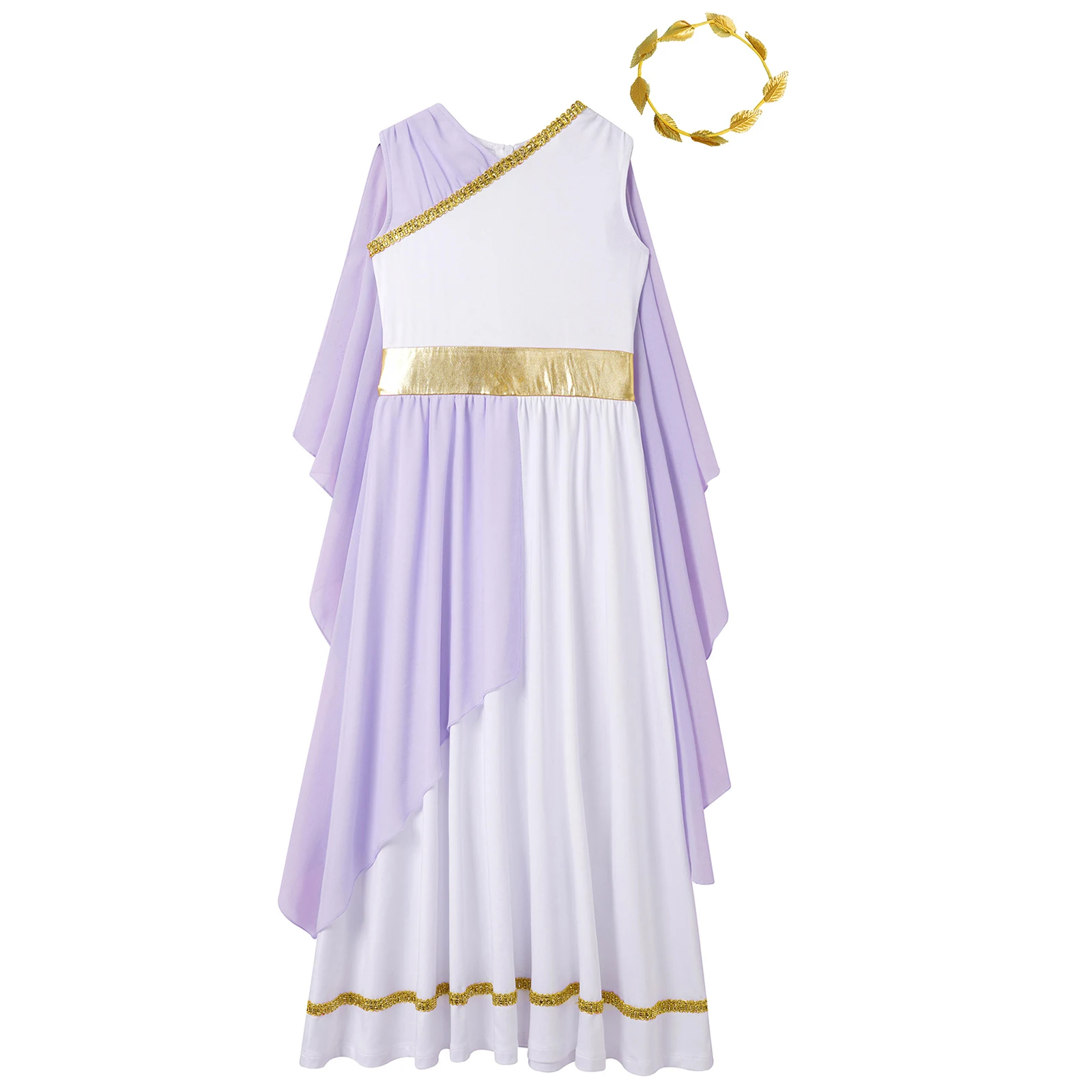 Girls Grecian Toga Costume Outfits Ancient Greek Deity Flowy Tulle Gown Dress Princess Long Robe for Halloween Performance Party