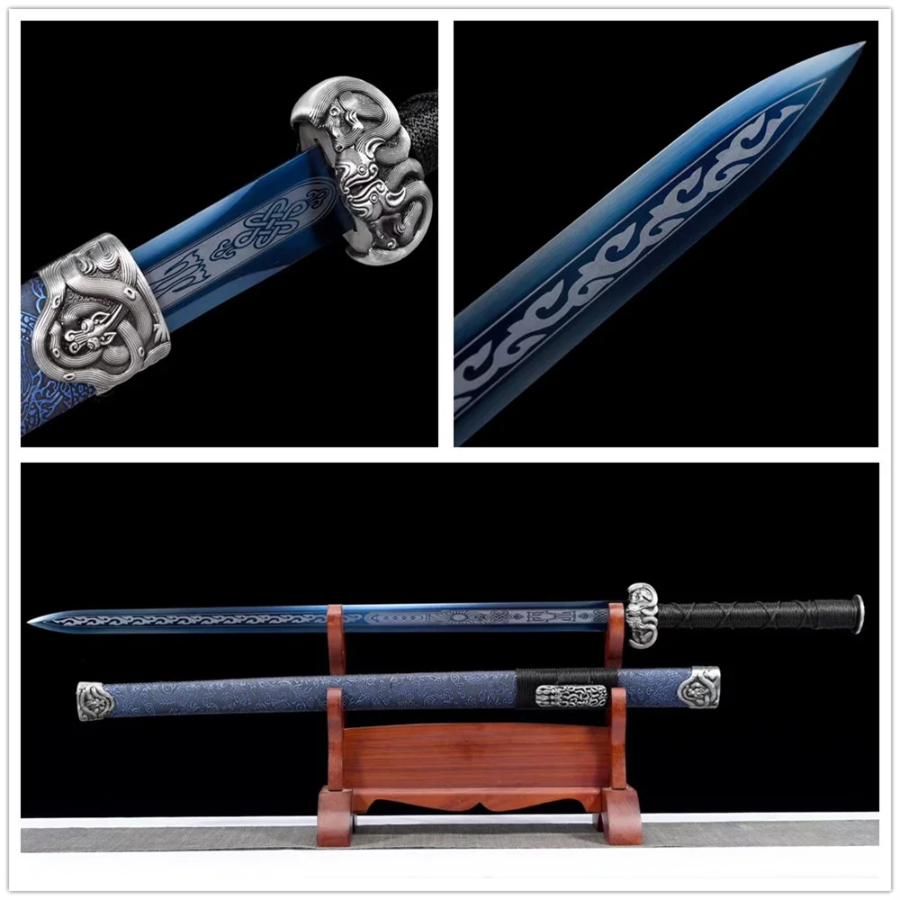 Exquisite Chinese Jian Wushu Sword Sharp Blue High Manganese Steel Blade Alloy Fittings Accessories Full Tang