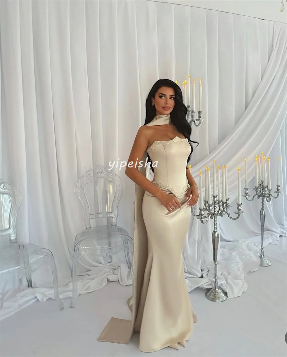 カスタマイズされた高品質の絶妙なシャルムーズラインストーンプリーツマーメイドストラップレスロングドレスオーダーメイドオケージョンドレスマッチング