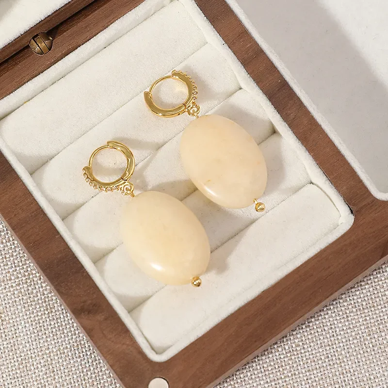 Copper-plated 18k gold ear buckle simple new fashion versatile oval natural ivory white jade earrings long earrings