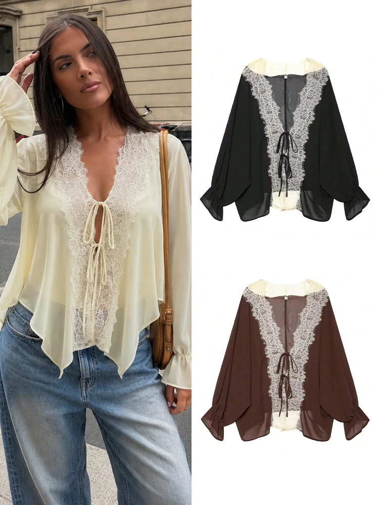 HH Women Casual Style Loose Cardigan Translucent Lace V‑Neck Tie Lantern Sleeve Chiffon Shirt Summer Back To School Season Wear