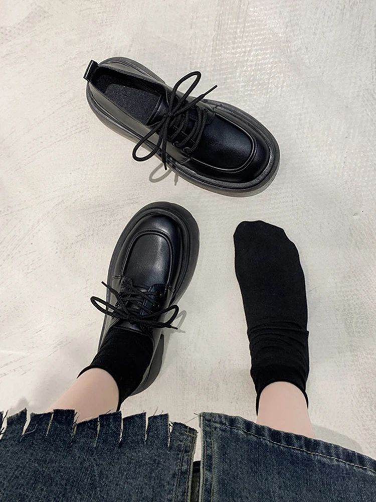 British Style Shoes Woman 2023 Round Toe Female Footwear Casual Sneaker Loafers With Fur Black Flats All-Match Oxfords Modis Clo