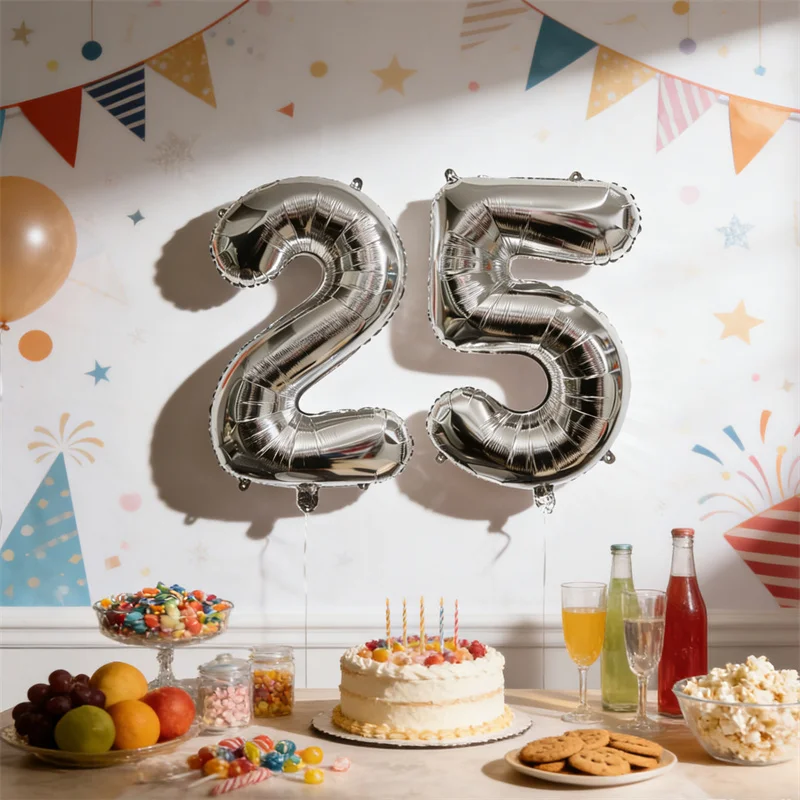 2 Stück 32 Zoll Silberne Nummer 25 Folienballons Geburtstagsparty-Dekoration Erwachsene 25. Geburtstag Frauen Männer Hochzeitstag Zubehör