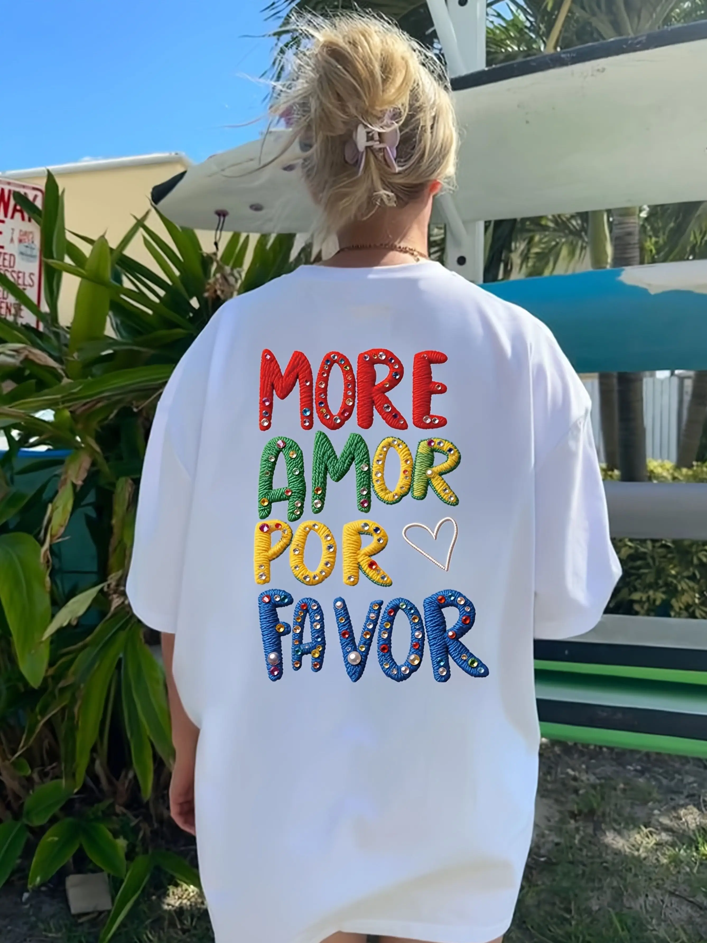 Ladies' Sweet Sleeve Style More AMOR POR FAVOR Colorful Nail Bead Embroidered Letter Printed Breathable Outdoor Wearing Letter