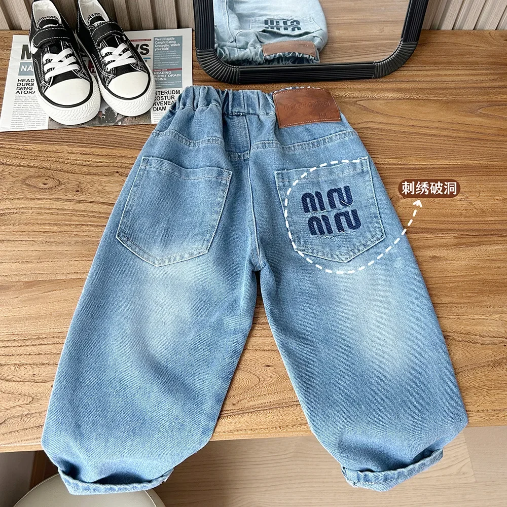 Boys Girls Jeans Tooling Pants Children's Fashion Cotton Spring Autumn 2 To 11 Years Clothing Baby Loose Sky Blue Denim Trousers