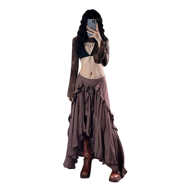 Saia midi longa com design de aba de orelha de madeira irregular estilo vintage para mulheres – Novo estilo versátil