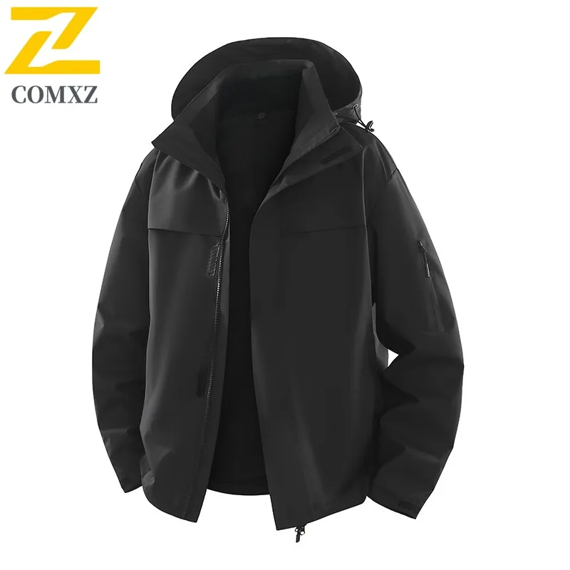 Comxz jaqueta masculina de alta qualidade, cor sólida, multibolsos, viagem, caminhadas, corta-vento, acampamento, bonito, casaco com capuz