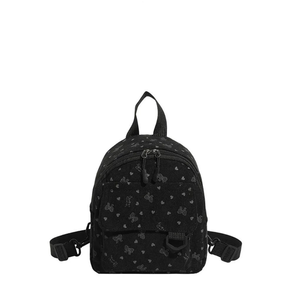 Sweet Corduroy Mini Backpack Lightweight Heart Bow Print Casual Backpack Zippered Opening Multi-compartment Rucksack Teen Girls