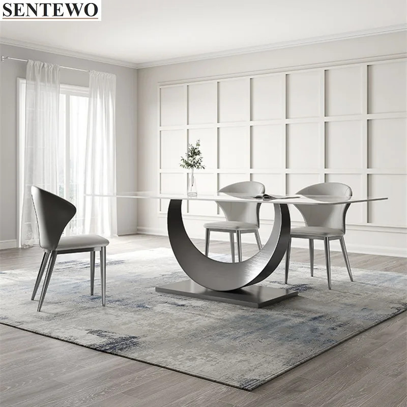 SENTEWO Luxury Rock Slab Dining Room Table and Chairs Titanium Grey Base Faux Marble Table Dinner Chair Set Comedores Silla