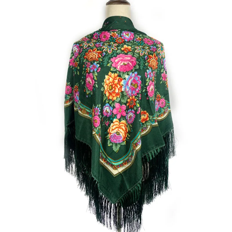 135*135cm Russian Square Scarf Women Luxury Floral Print Bandana Handkerchief Ukrainian Fringed Shawl Babushka Hijab Head Wraps