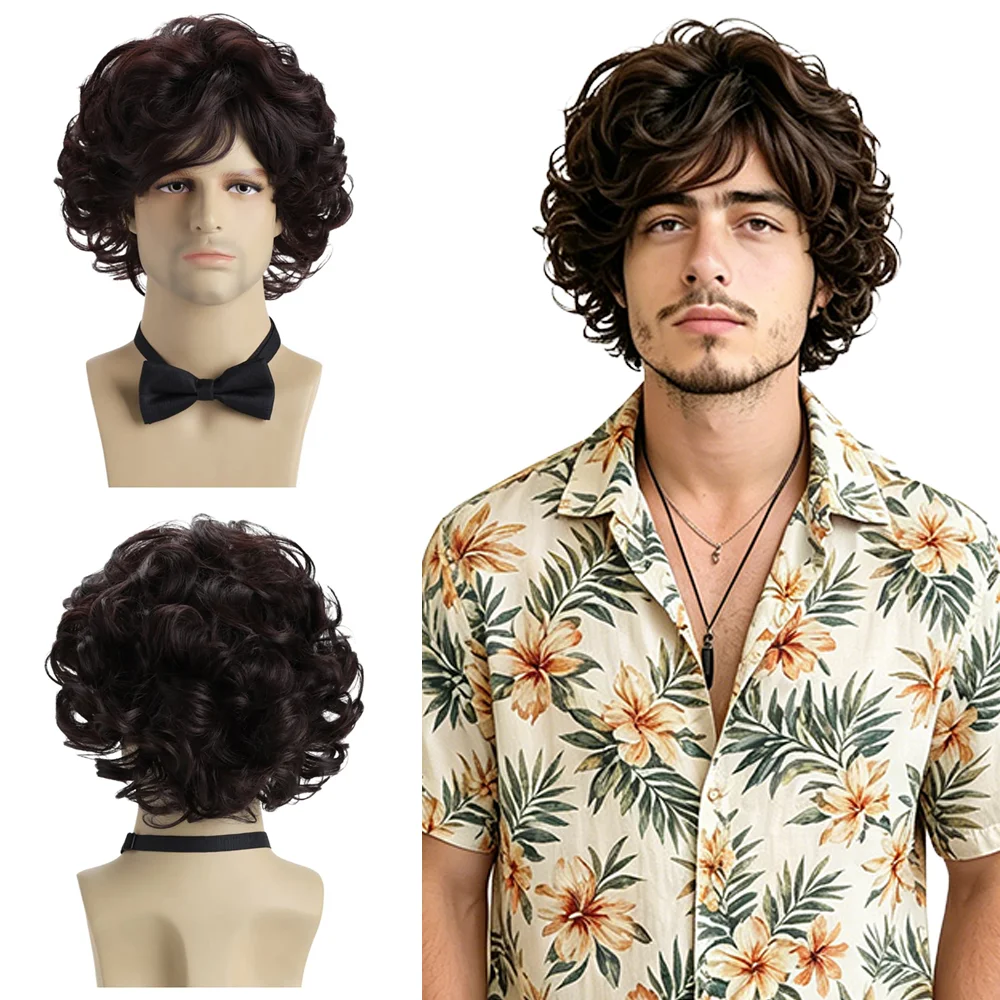 

70s Retro Men's Short Curly Wig Dark Brown Fluffy Disco Wig Heat Resistant Synthetic Cosplay Wig For Men Theme Party Halloween