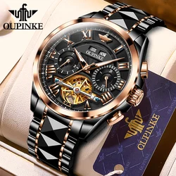 OUPINKE Tungsten Steel Man Watches Flywheel Chronograph Date Waterproof Luminous Automatic Mechanical Watch for Men Rose Black