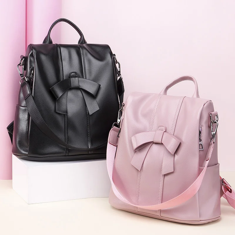 TRAVEASY PU Leather Vintage Bows Cute Woman Backpack Small Casual Middle School Shoulder Bag Elegant Outdoor Travel Handbag Pink