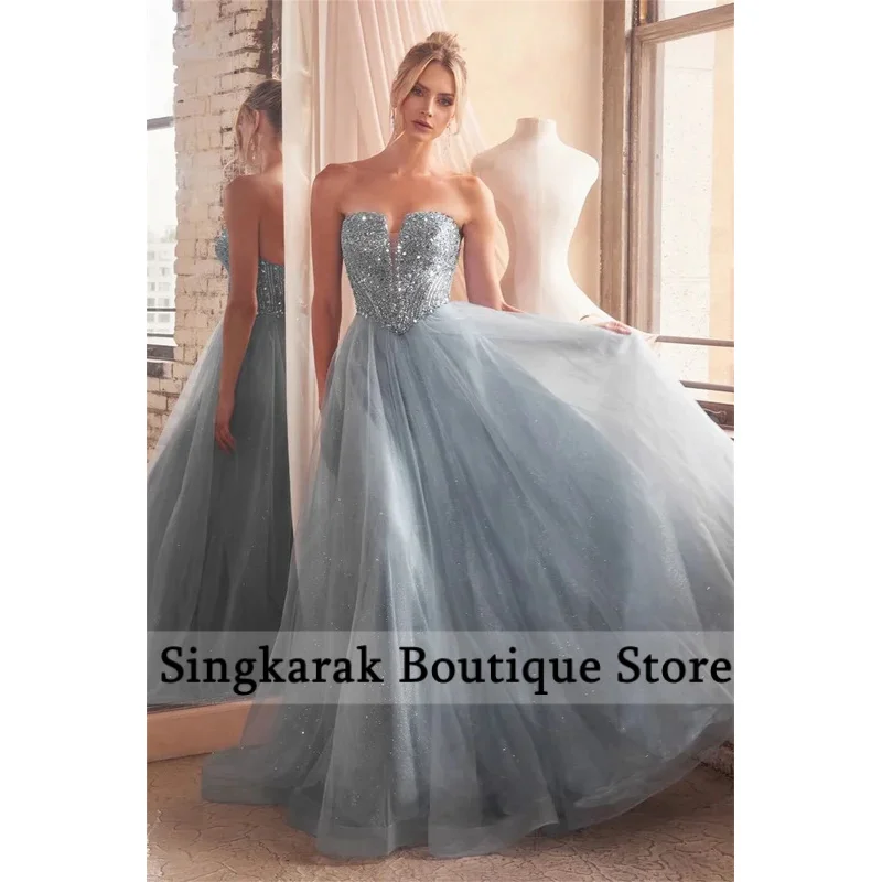 فستان حفلة موسيقية بدون حمالات لامع على شكل حرف a بدون أكمام بطول الأرض من vestidos de noiva برباط من الخلف فساتين سهرة