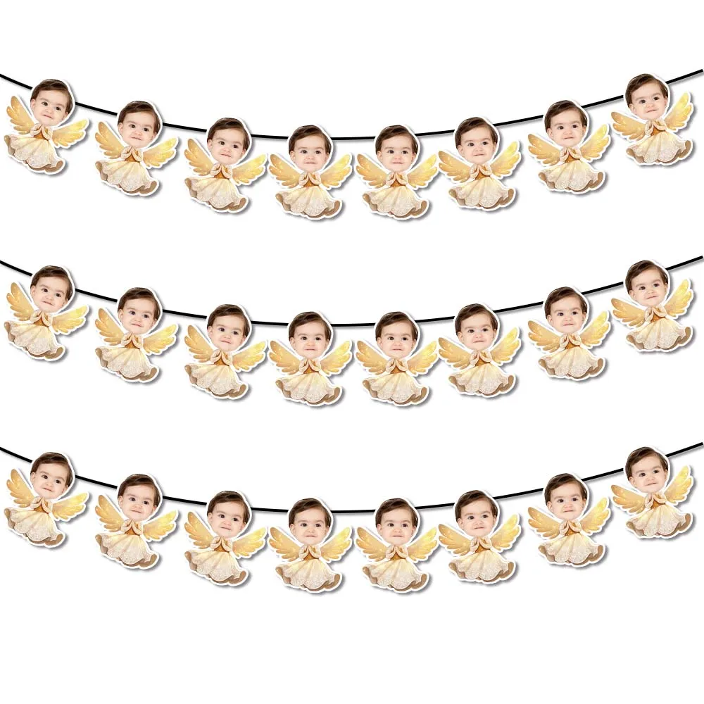 Maßgeschneidertes weihnachtliches Fotobanner mit niedlichem kleinen Engel und Geschenkaufkleber, Desserttekoration, Plugin, Getränkestrohset