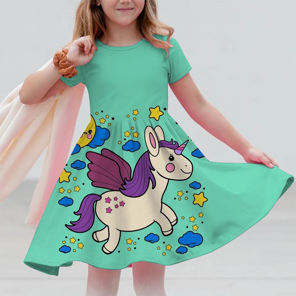 

Potdemiel Summer Girl Dress Cute 3D Printed Unicorn Girl Dress Fashionable children's Clothing Party Performance Dress