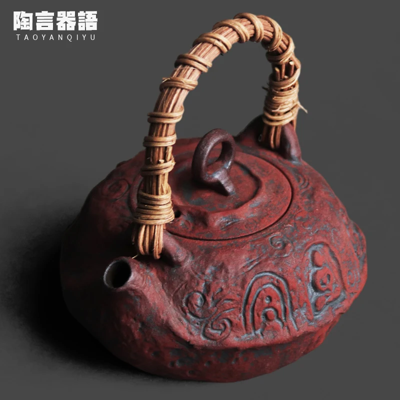 Vintage Ceramic Masonry Red Rattan Water Boiling Tea Kettle Grotto Buddha Statue Electric Stove Open Flame Boiling Tea Leaf Pot