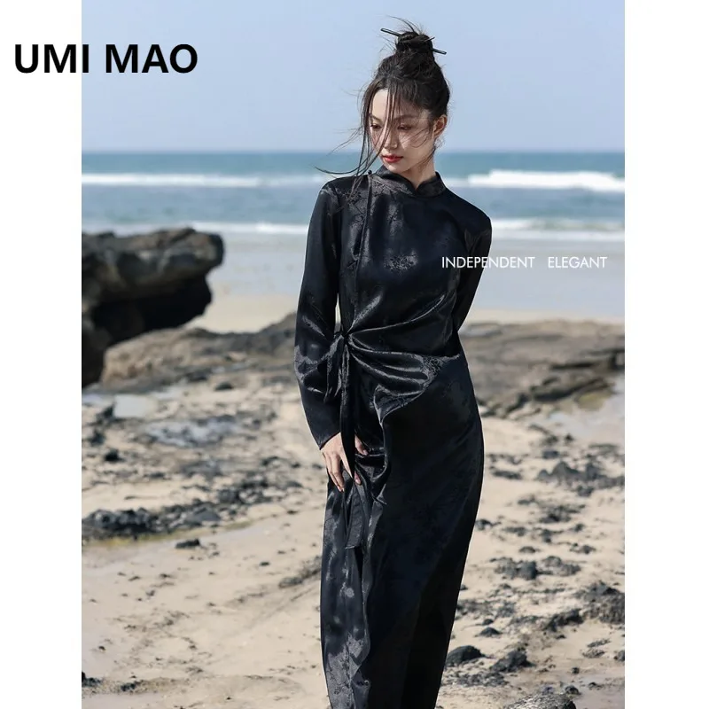 UMI MAO Nieuwe Chinese Satijn Donkere Jacquard Jurk Dames Lente Retro Niche Stijl Jurk Met Een Gevoel Temperament