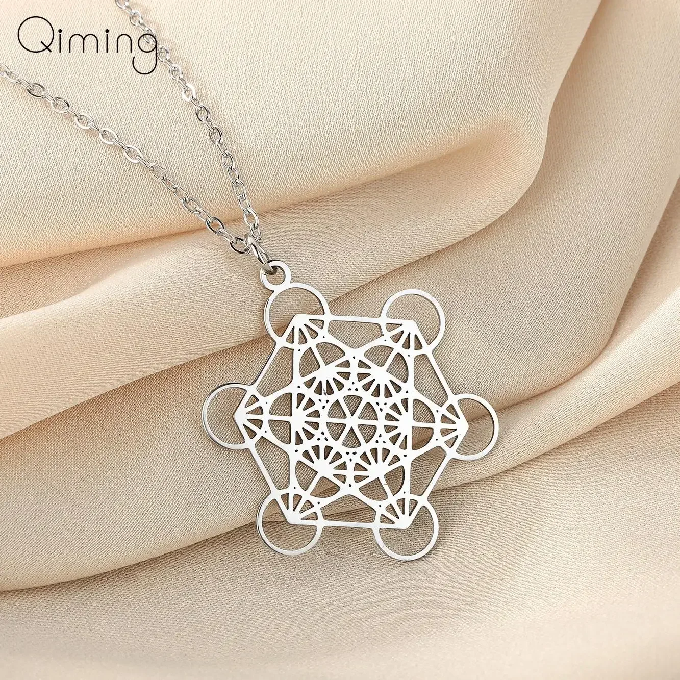 Stainless Steel Sacred Geometry Metatron Pendant Necklace Women Men Meditation Religiosus Jewelry Cube Necklace