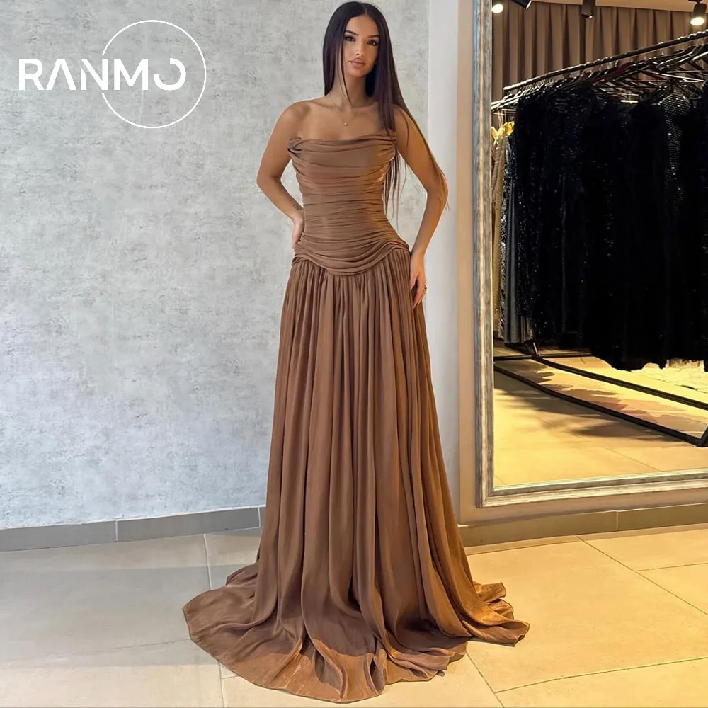 

Ranmo Brwon Mermaid Wedding Party Dress Strapless Shiny Sleeveless Pleat Evening Dress Customized فساتين سهرات 2026