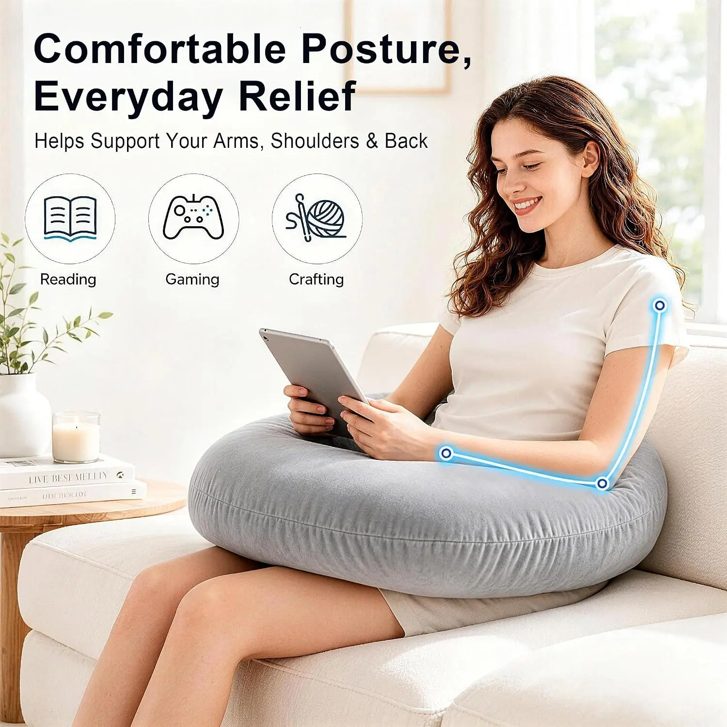 Gaming Pillow Ergonomic U-Shaped Arm Support Pillow with Elbow Rest for Sofa & Bed Relieves Arm Fatigue While Reading & Playing