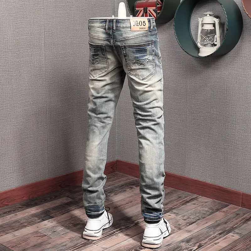 Newly Designer Fashion Men Jeans Retro Washed Elastic Stretch Slim Ripped Jeans Men Vintage Trousers Casual Denim Pants Hombre