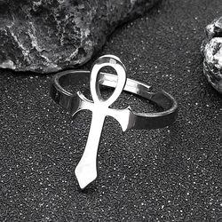 Egyptian Ankh Cross Ring Stainless Steel Anubis Life Symbol Adjustable Egypt Trend Finger Ring Party Jewelry Gift for Women Men