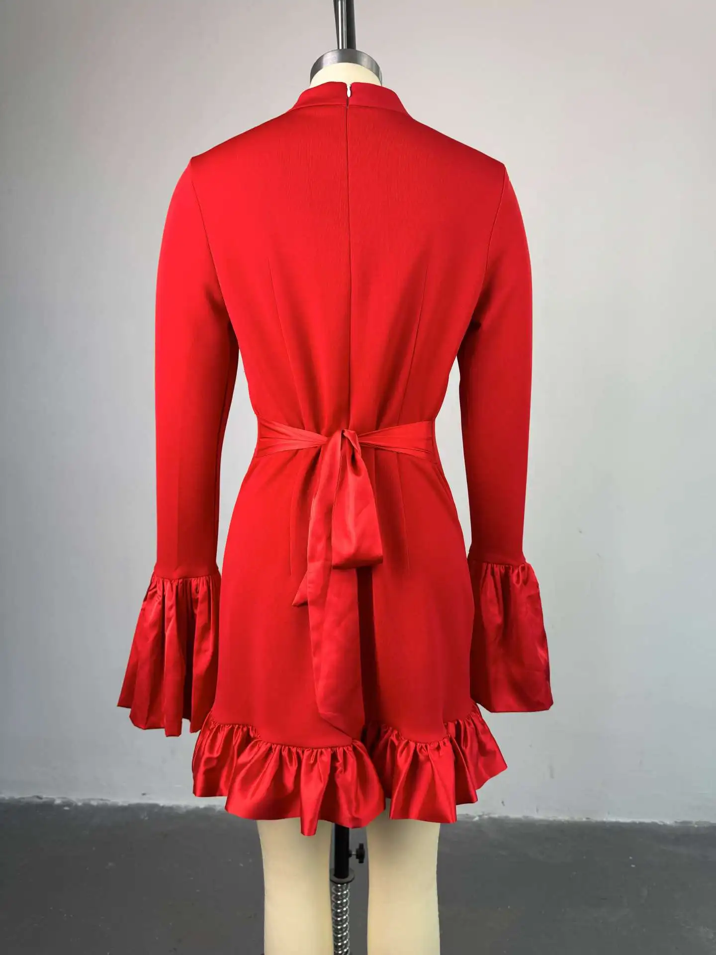 BKLD Solid Color Women's 2025 Spring New Style Elegant Half High Collar Flare Sleeve High Waist Ruffles Edge Wrapped Hip Dress