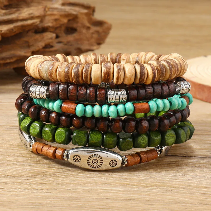Handmade Bohemian Multilayer Wood Beaded Bracelets Set Ethnic Retro Floral Charm Wristband Stackable Hand Jewelry for Men Women