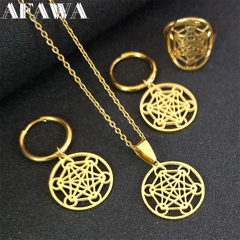 

Angel Seal Metatron Sacred Geometry Jewelry Set Stainless Steel Hoop Earrings Chain Necklace Ring Sets for Women Men S1714S02