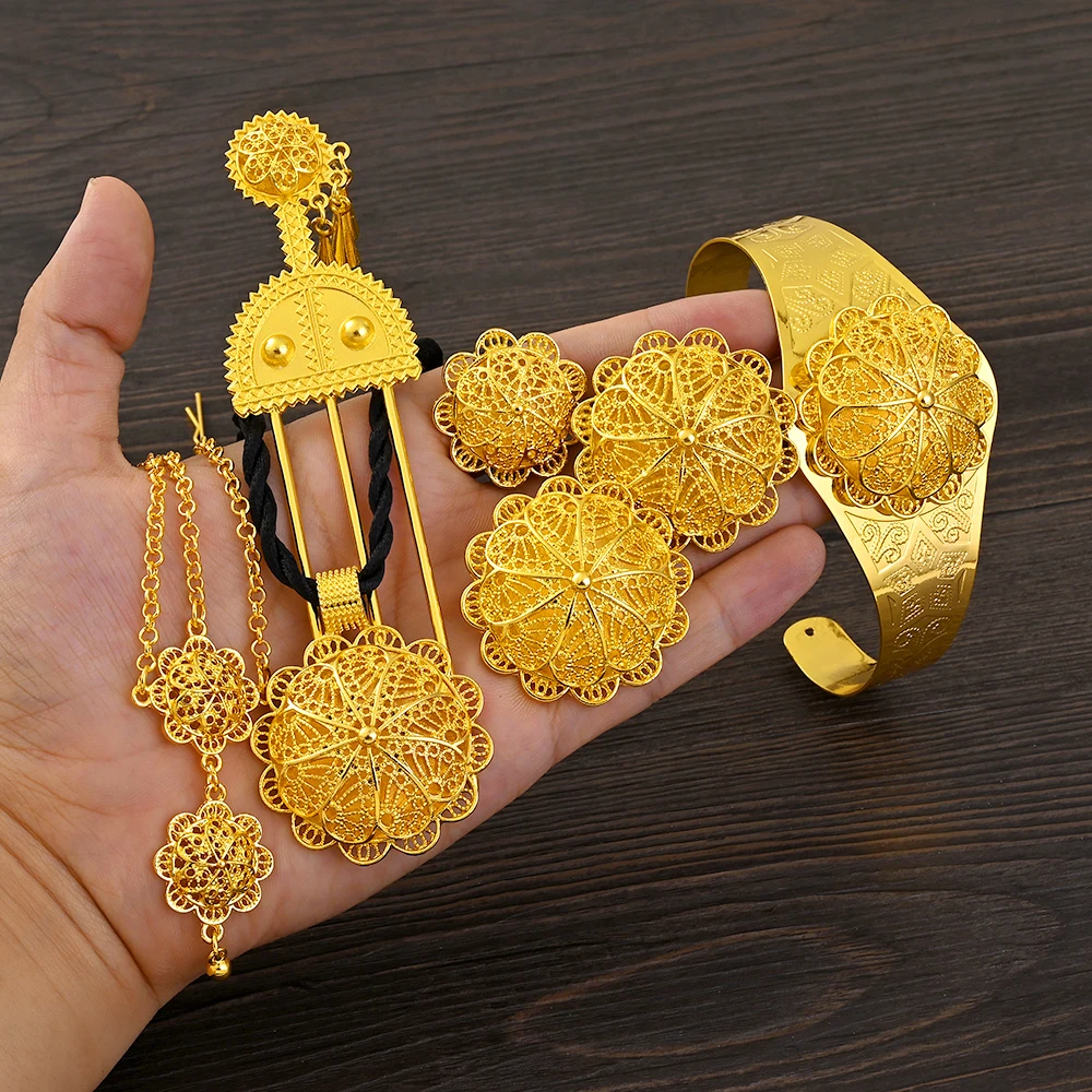 Gold Color Ethiopian Women Jewelry Niecly Necklace Earring Ring Head Chain African Bridal Set Israel Habesha Eritrea Party Gift