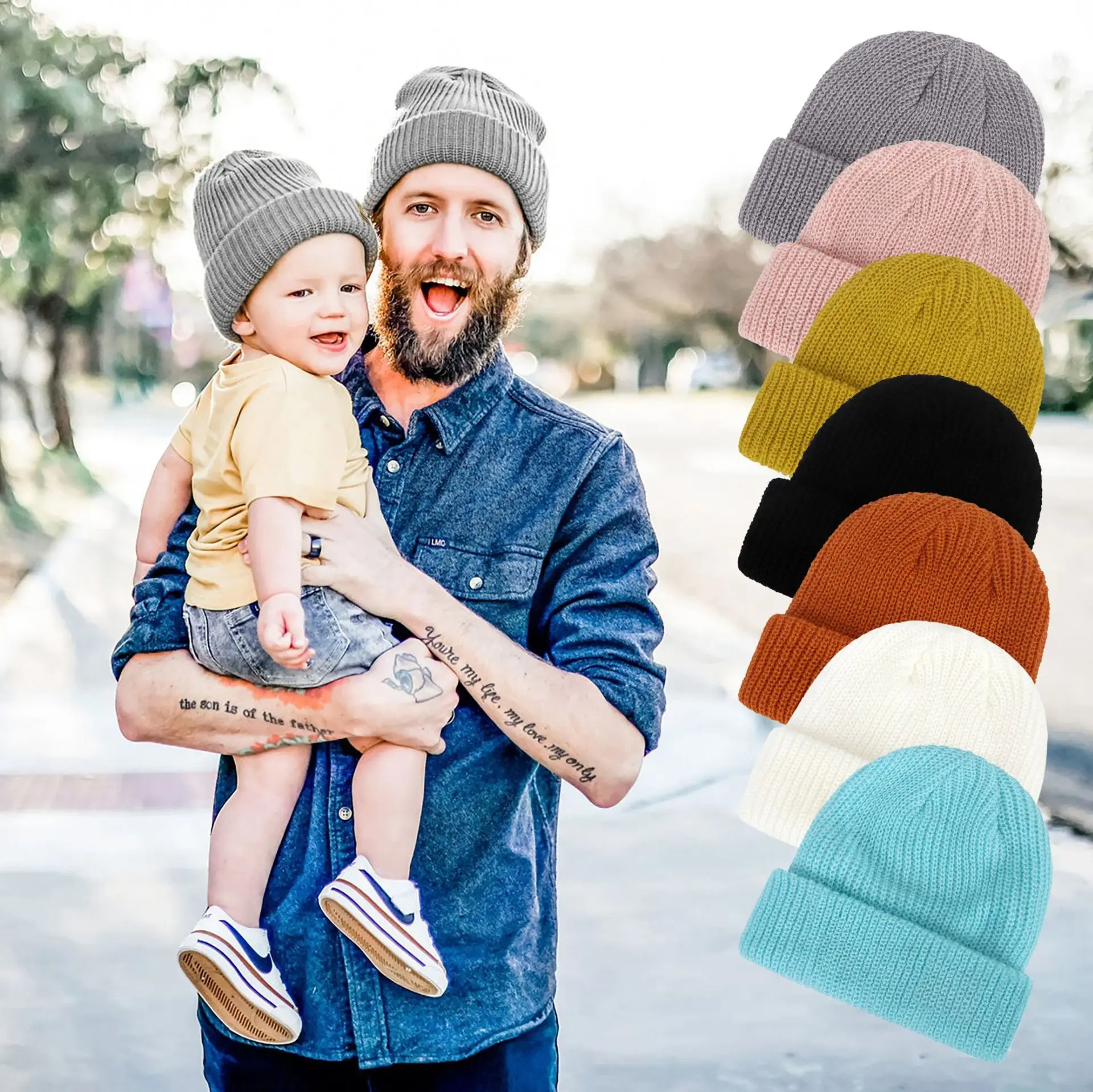 Baby Dad Knitted Bonnet Mother Kids Winter Warm Skullcap Hat Autumn Baby Knit Hat Gorras Para Bebe Crochet Girls Boy Ski Beanie