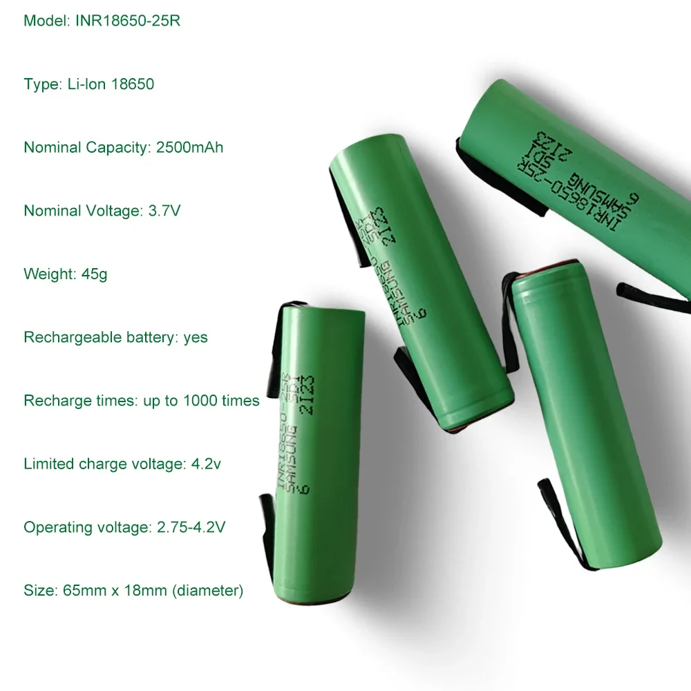 Bateria nova e original do poder especial, folha de níquel DIY, 18650, 2500mAh, INR18650-25R Output, 3.7V, 20A