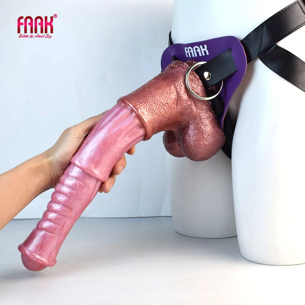 FAAK-consolador de caballo de 35cm de largo con ventosa, juguete sexual de silicona de fantasía para mujeres y hombres, pene de Animal realista