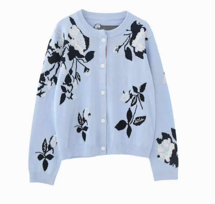 Primavera outono novo estilo universitário jovem flor manga longa malha cardigan contraste cor bordado tripulação pescoço camisola jaqueta