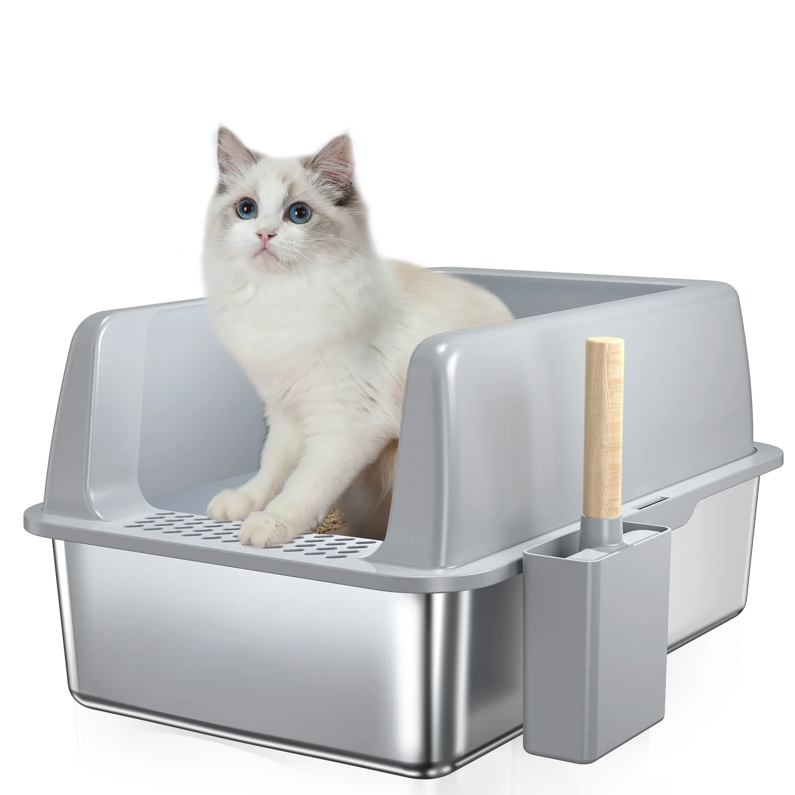 

20L Stainless Steel cat Litter Box Easy to Clean Semi Enclosed Resistant Widened Thick Leak Proof Sand Large Space Open Mouth