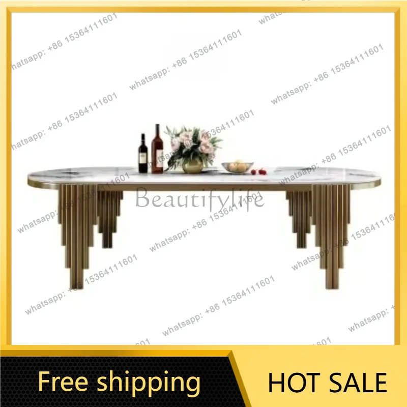 zj.luxury Ellipses Marble Dining Room Gold Stainless steel Leg Seats 6-8 People Dining Table New Dining Table Set Home Furniture
