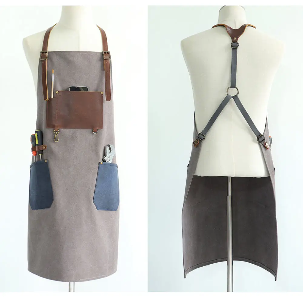 Adjustable Canvas Workwear Apron With Leather Storage Pockets Heavy Duty Bib For Carpentry Crafting Repair Cooking