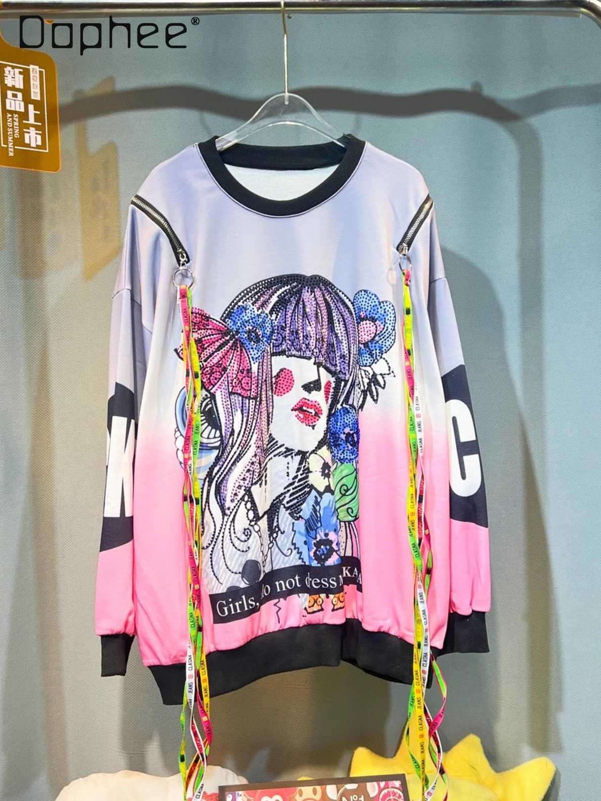 

Fashion Cartoon Rhinestone Sweatshirt Women Autumn New Loose Mid-Length Round Neck Letter Print Colorful Ribbon Long Sleeve Top