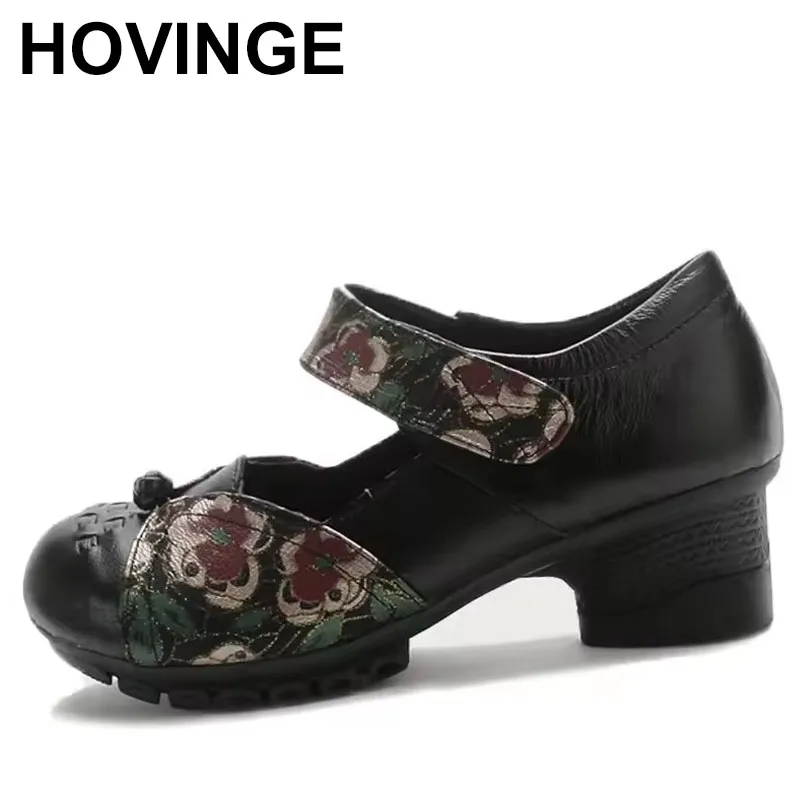 

Ethnic Style Top Cowhide Classic Printing Women Banquet Wedding Shoes High Heels Comfort Genuine Leather Shoes Tide