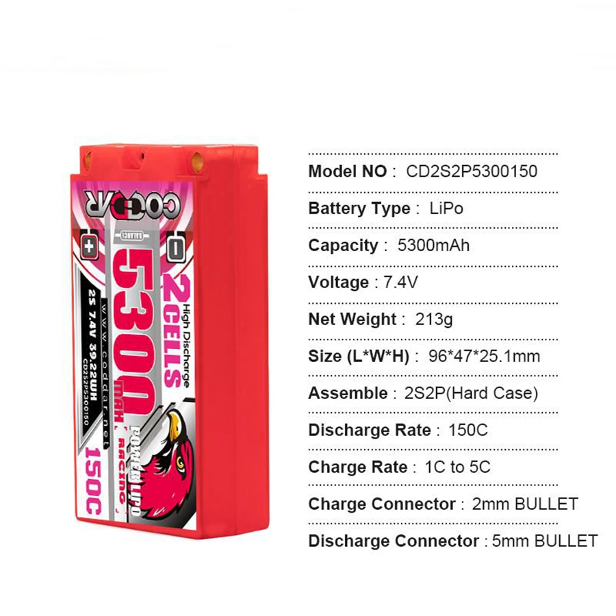 CD2S2P5300150 2S 150C 7.4V 5300mAh Shorty Drift Model RC Rechargeable Lithium Battery Pack