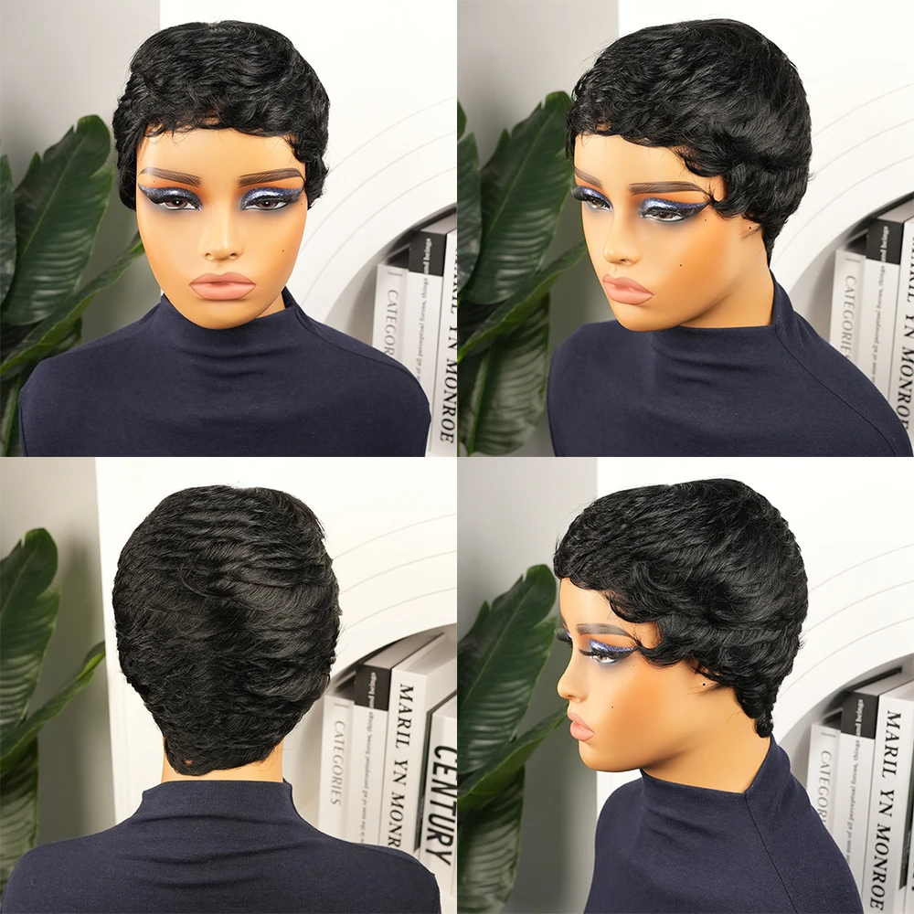 باروكة من شعر طبيعي قصيرة مستقيمة مع غرة منتفخة مسبقًا للنساء ذوات البشرة السمراء مصنوعة آليًا 100% باروكات من شعر طبيعي مفرود 100%