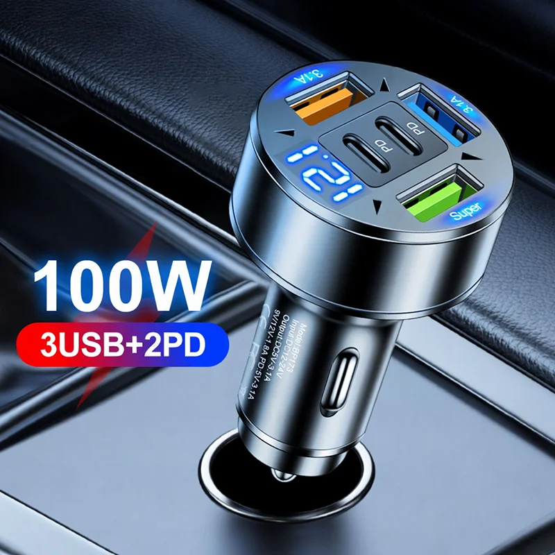 100W 5-Port USB C Car Charger Fast Charging Adapter with LED Voltage Monitor 3 USB-A 2 PD Ports For Android Devices For iPhone