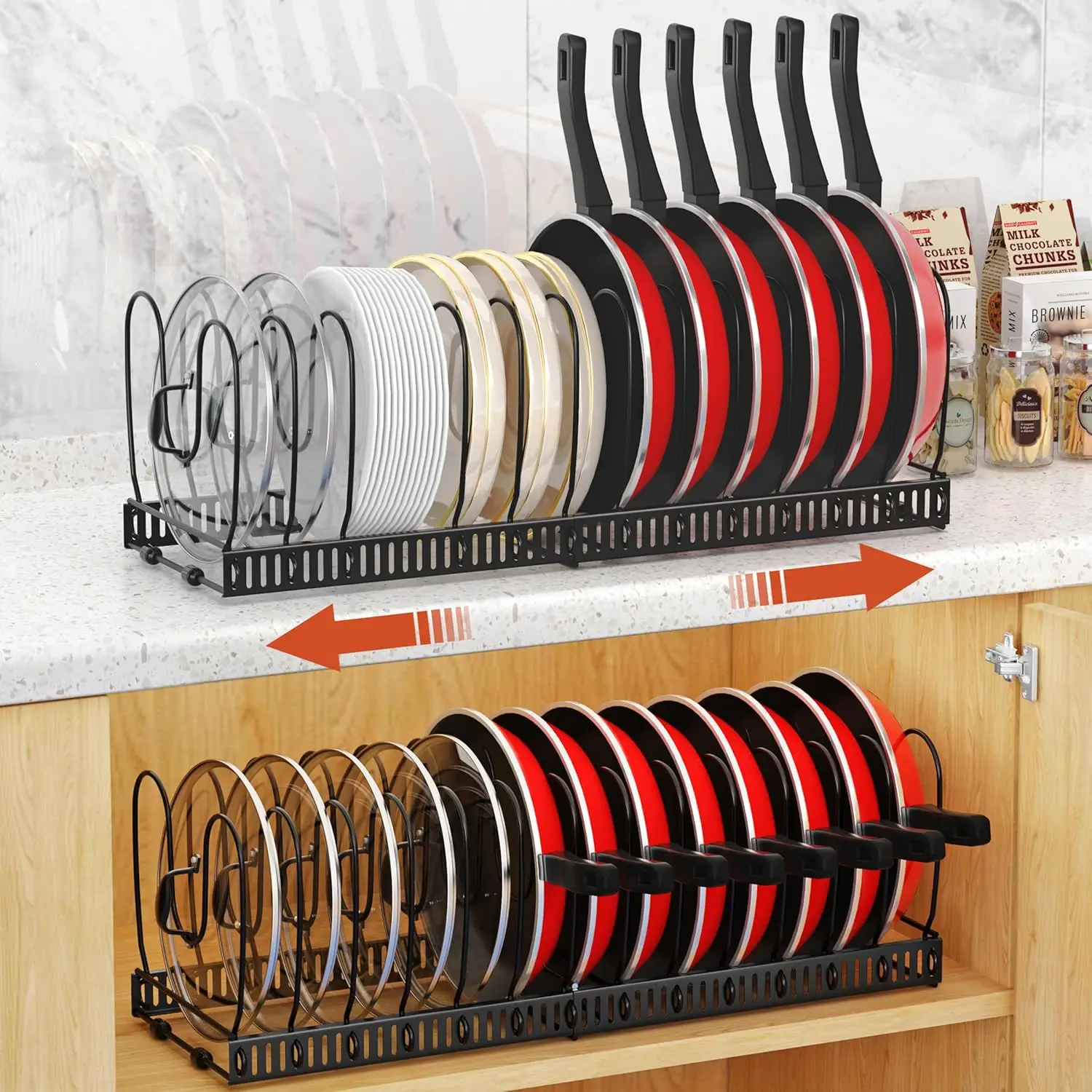 

2 Pack Pot and Pan Organizer Rack, 12"-23" Expandable Pot Lid Organizer with 14 Adjustable Dividers, Pan Holder Storage Rack